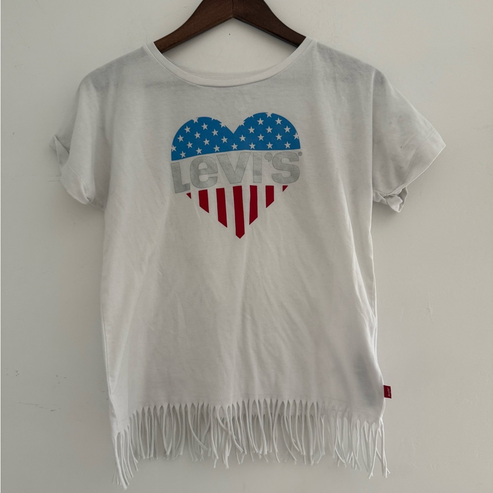 Levi's Kids White Fringe T-Shirt America July 4th kids 13-15 Americana shirt